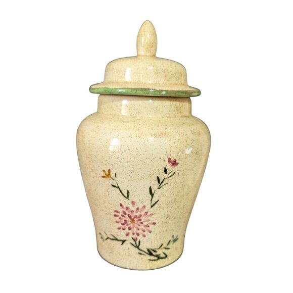 Hand-Painted Floral Ceramic Ginger Jar With Lid 7.5" Tall Vintage Speckled Beige - Picture 3 of 8